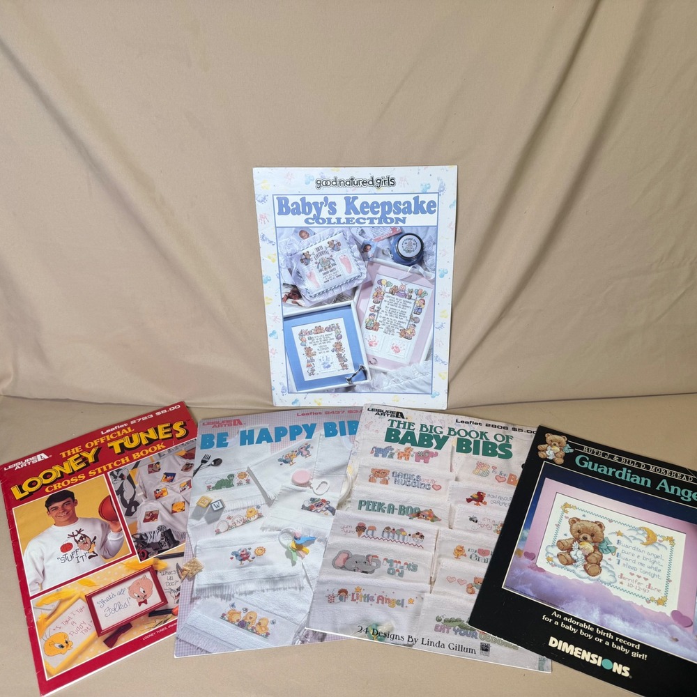 Vintage 90s Cross Stitch Book Lot Looney Tunes Baby Bibs Keepsake Leisure Arts